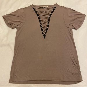 Express Lace Up V-Neck T-Shirt - Tan with Black Trim